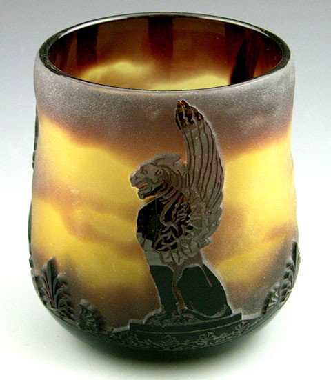 Cameo Glass Vase, 20th c., by Kelsey Murphy for Pi: Cameo Glass Vase, 20th c., by Kelsey Murphy for Pilgrim Glass, 20th c., signed Kelsey/Pilgrim, decorated with winged lion figures, H.- 6 3/8 in., Dia.- 6 in.