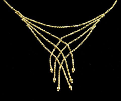 18K Yellow Gold Braided Mesh Necklace, the bottom : 18K Yellow Gold Braided Mesh Necklace, the bottom with six tassels, L.- 16 1/4 in., Wt.- .17 troy oz.