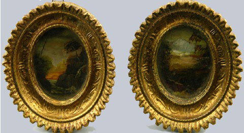 Continental School, "Mountain Landscape," and "The: Continental School, "Mountain Landscape," and "The Old Castle," late 19th c., pair of oils on board, signed "Tana" l.r., presented in convex glass frames, H.- 3 1/8 in., W.- 2 7/16 in.