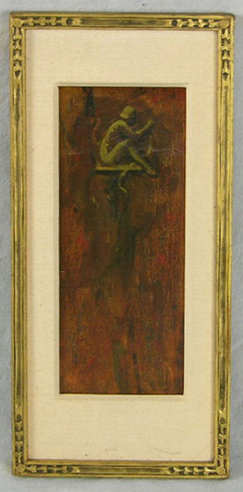 Continental School, "Nude Woman on a Pedestal," 19: Continental School, "Nude Woman on a Pedestal," 19th c., oil on board, framed, H.- 7 5/8 in., W.- 3 1/8 in.