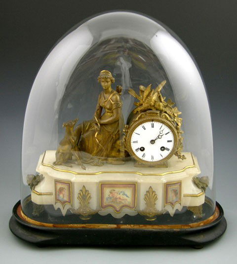 French Gilt Spelter, Sevres and Alabaster Figural: French Gilt Spelter, Sevres and Alabaster Figural Mantel Clock, 19th. C., by Samuel Marti, depicting Diana and a dog, on a base with a central painted Sevres plaque depicting Cupid, flanked by roundel