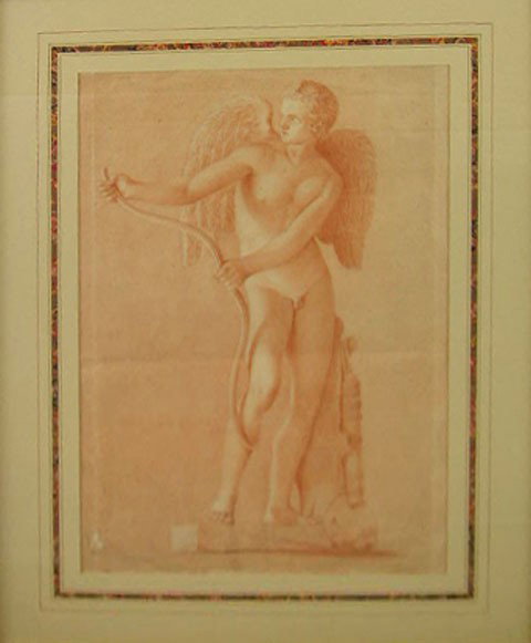 Continental School, "Statue of Cupid," 19th c., sa: Continental School, "Statue of Cupid," 19th c., sanguine crayon on paper, framed, H.- 20 in., W.- 14 in.