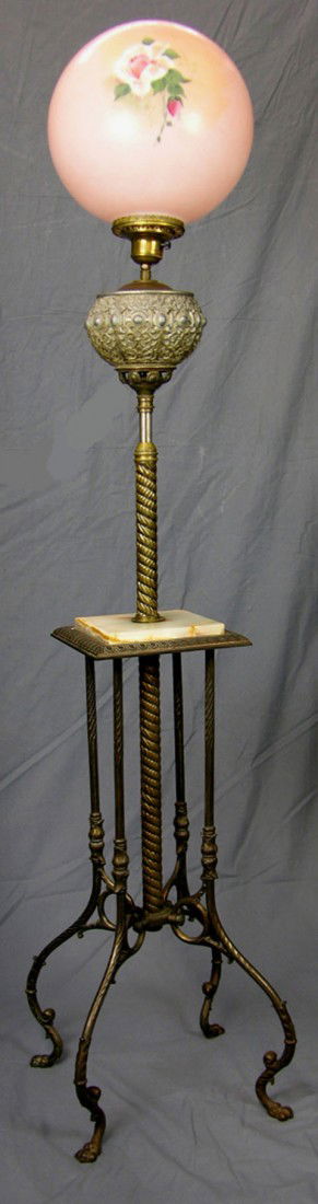 Victorian Alabaster and Brass Organ Lamp, 19th c.,: Victorian Alabaster and Brass Organ Lamp, 19th c., with a hand painted floral ball shade, signed "F.M.H.," with chimney, now electrified, H.- 66 in., W.- 14 in., D.- 14 in.