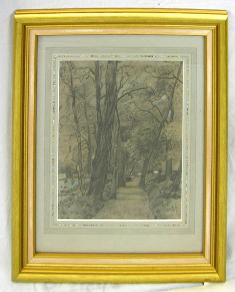 American School, "Pathway Through the Trees," earl: American School, "Pathway Through the Trees," early 20th c., graphite on paper, framed, H.- 17 3/4 in., W.- 14 in.
