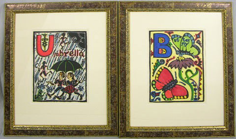 Walter Anderson (1903-1965) "Butterfly" and "Umbre: Walter Anderson (1903-1965) "Butterfly" and "Umbrella," late 20th c., pair of hand colored block prints from his alphabet series, representing "B" and "U," framed, H.- 11 1/2 in., W.- 9 in.