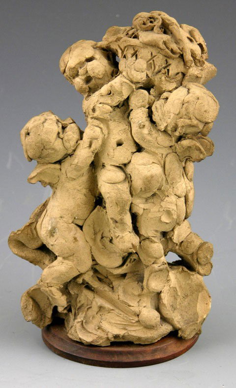 Earthenware Figural Group, early 20th c., of three: Earthenware Figural Group, early 20th c., of three putti and a floral basket, on a circular mahogany base, H.- 6 in., Dia.- 3 3/4 in.