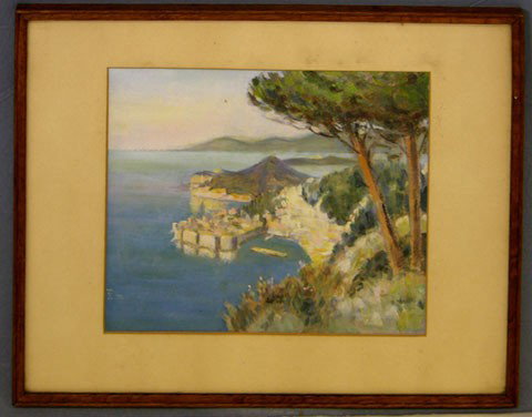 Continental School, "Mediterranean City Scene from: Continental School, "Mediterranean City Scene from a Hill," 20th c., oil on board, signed indistinctly l.l., framed, H.- 9 1/4 in., W.- 10 3/4 in.