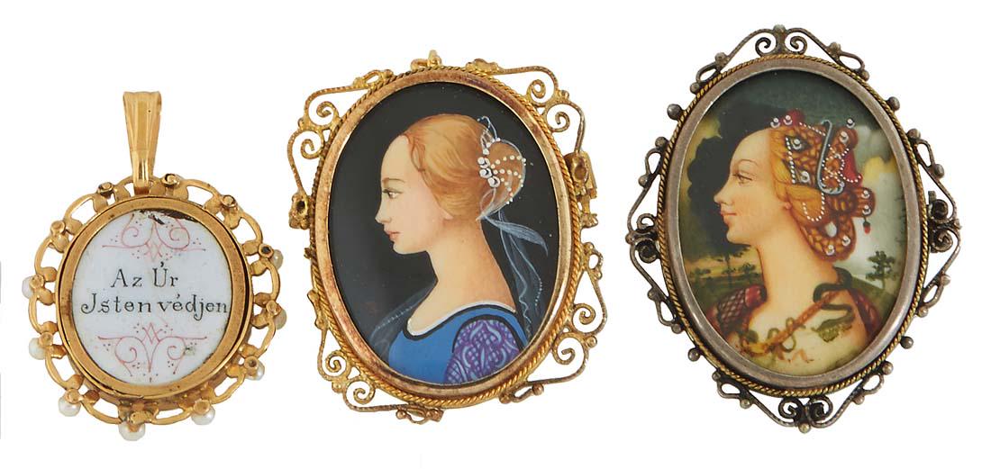 Group of Three Miniatures, 20th c., consisting of two porcelain brooches and an 18K yellow gold (1 of 8)