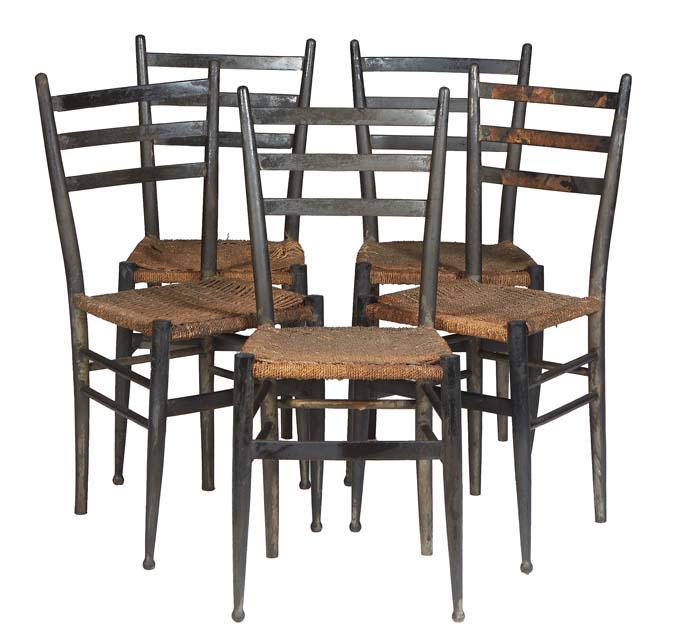 Set of Five Carved Beech Louisiana Plantation Style Dining Chairs, 19th c., the curved canted: Set of Five Carved Beech Louisiana Plantation Style Dining Chairs, 19th c., the curved canted ladderbacks, over woven seats on turned cylindrical legs joined by stretchers, H.- 36 in., W.- 15 3/8 in.,