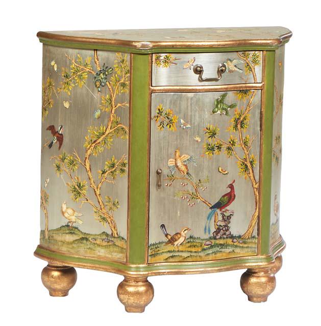 Gold and Silver Painted Bird Bombe Side Cabinet, 20th c., the serpentine bowed top hand painted with (1 of 2)