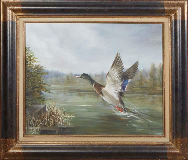 Irene Pages (French, 1934-), "Duck in Flight," 20th c., oil on canvas, signed lower right, presented (1 of 4)
