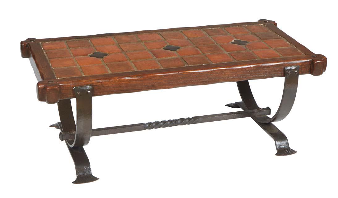 French Provincial Carved Oak and Wrought Iron Tile Top Coffee Table, 20th c., the inset red ceramic (1 of 1)