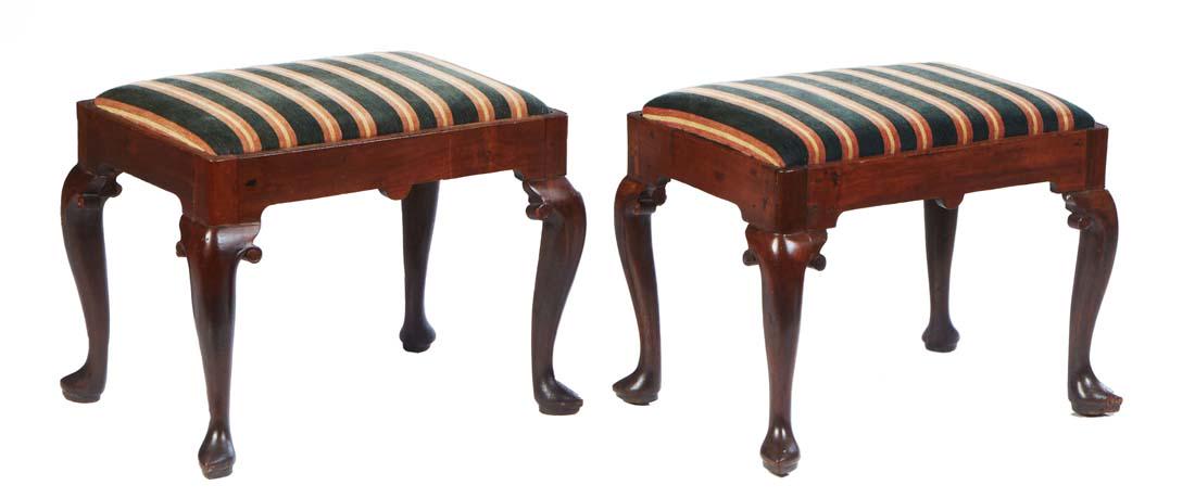 Pair of Carved Mahogany Queen Anne Style Stools, 19th c., the slip seat over a wide skirt, on (1 of 9)