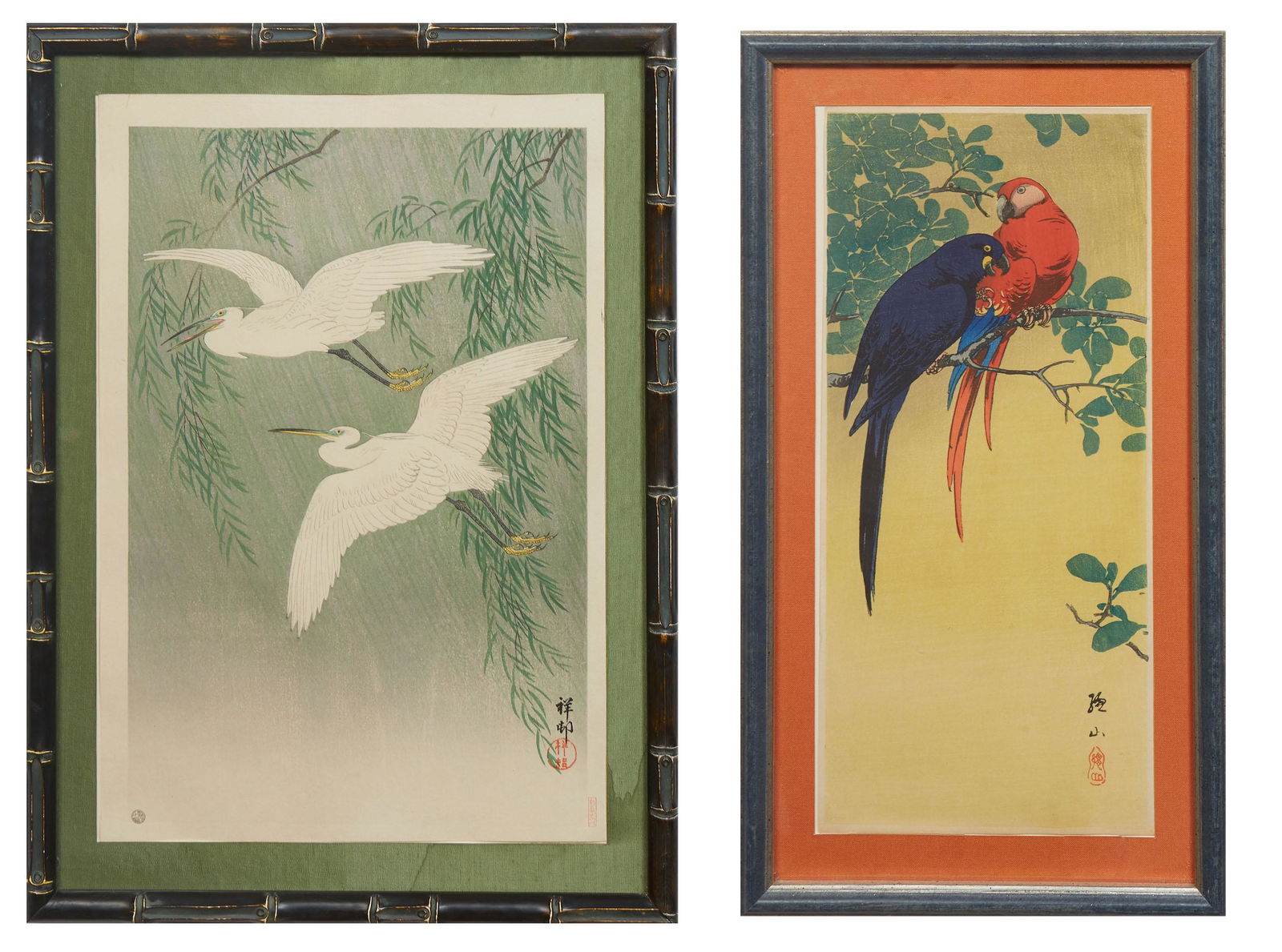Pair of Asian Woodblock Prints, "Pair of Flying Chinese Egret," 20th c., woodblock print, signed (1 of 10)