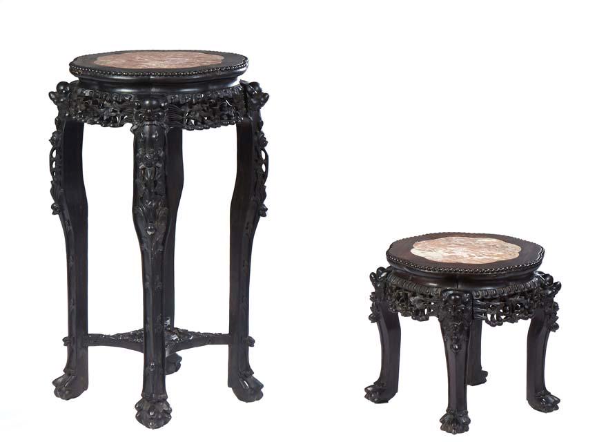 Two Matching Chinese Carved Mahogany Marble Top Tabourets, early 20th c., e the beaded edge top with (1 of 1)