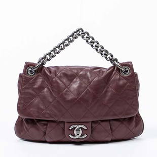 Chanel Coco Pleats Shoulder Bag, in burgundy quilted calf leather with aged silver hardware, opening: Chanel Coco Pleats Shoulder Bag, in burgundy quilted calf leather with aged silver hardware, opening to a baby blue lined silk interior with one zip closure pocket and two open side pockets,