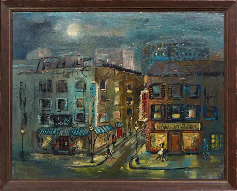 Lyn Wright (New Orleans), "French Quarter Street Scene," c. 1970, oil on board, signed and dated: Lyn Wright (New Orleans), "French Quarter Street Scene," c. 1970, oil on board, signed and dated lower right, presented in a wood frame, H.- 21 1/2 in., W.- 27 1/2 in., Framed- H.- 24 3/4 in., W.- 30 