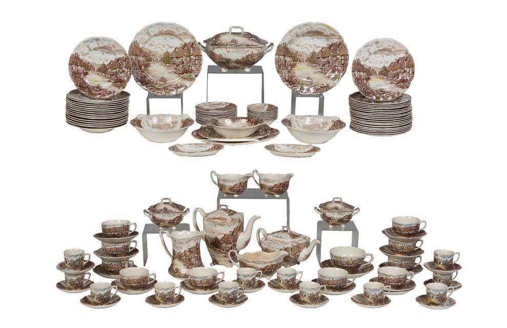 One Hundred Twenty Piece Set of English Johnson Brothers China Dinnerware, 20th c. in the "Old: One Hundred Twenty Piece Set of English Johnson Brothers China Dinnerware, 20th c. in the "Old English Countryside" pattern, consisting of 36 dinner plates, 8 berry bowls, 12 salad plates, 12 coffee c