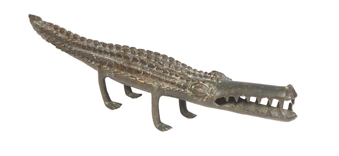 African Bronze Crocodile Figure, 20th c., possibly Benin, H.- 4 in., W.- 20 in., D.- 3 in. (1 of 1)