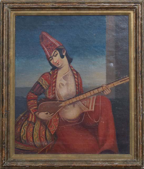Melik, "Portrait of a Sitar Player," 20th c., oil on canvas, signed upper right, presented in a wood (1 of 4)