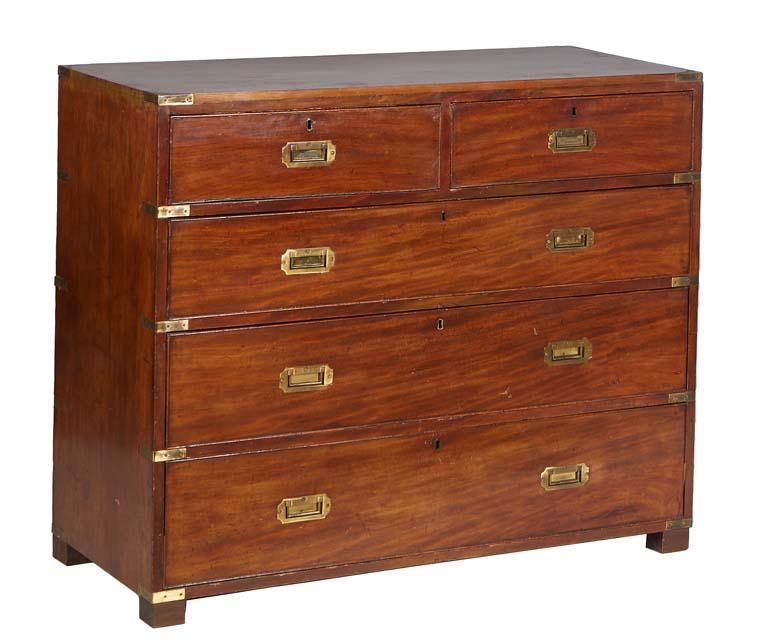 Carved Mahogany Brass Mounted Campaign Chest, 19th c., with two deep frieze drawers over three (1 of 1)