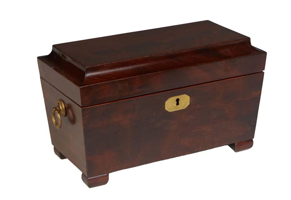 English Carved Mahogany Tea Caddy, 19th c., the ogee edge stepped lid opening to an interior with (1 of 2)
