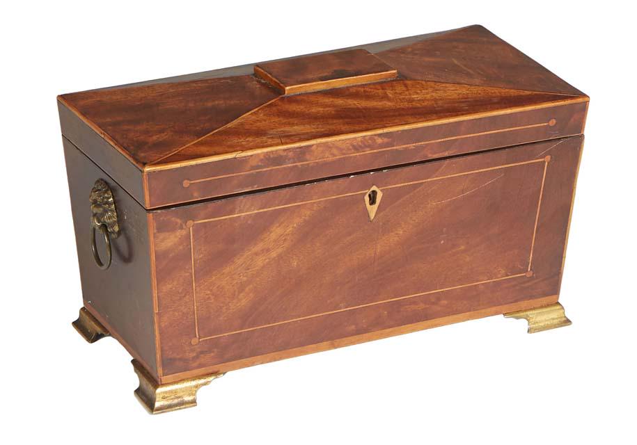 English Line Inlaid Mahogany Tea Caddy, 19th c., of sarcophagus form, with gilt lions' head ring (1 of 2)