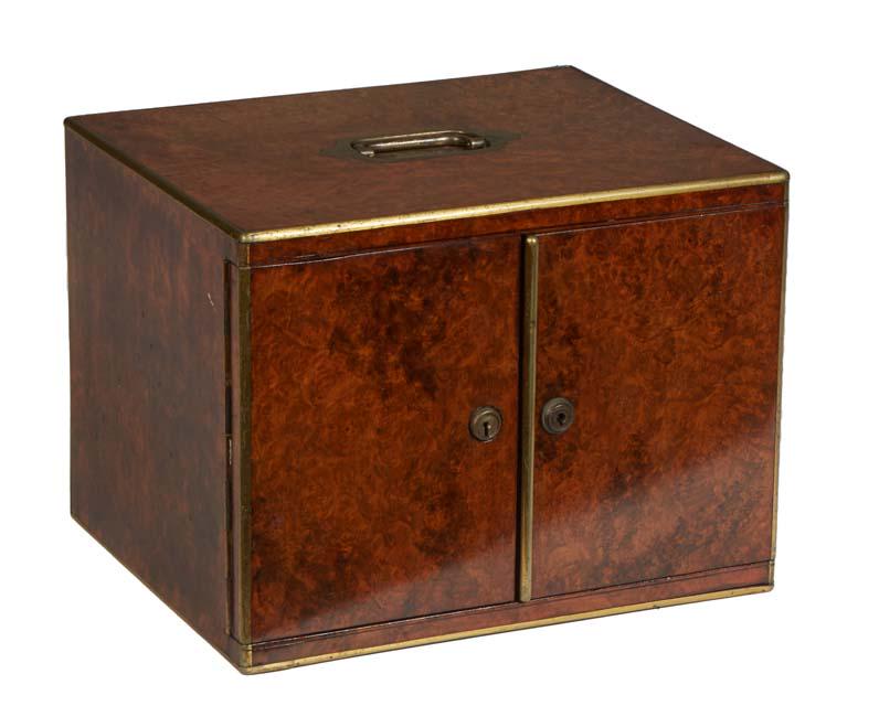 English Brass Bound Burled Walnut Humidor, late 19th c., the double front doors opening to two (1 of 9)