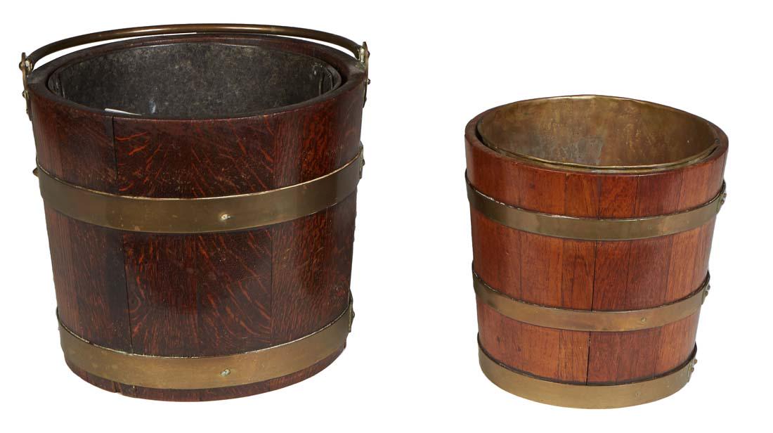 Two English Brass Banded Water Buckets, 19th c., of tapering form, the larger of oak with a folding (1 of 1)