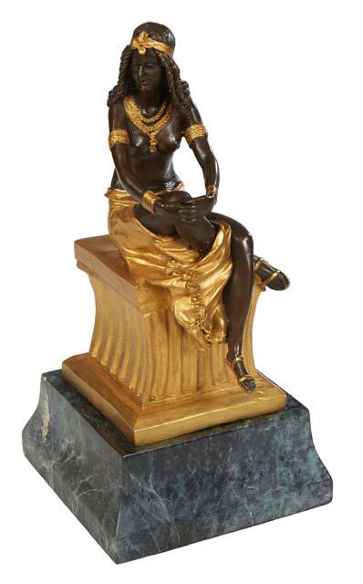 After Dimitri Chiparus (1886-1977), "Seated Nude Egyptian Princess," gilt and patinated bronze, seat: After Dimitri Chiparus (1886-1977), "Seated Nude Egyptian Princess," gilt and patinated bronze, seated on a reeded column, signed "D. H. Chiparus" on rear top of column, on a thick verde antico marble