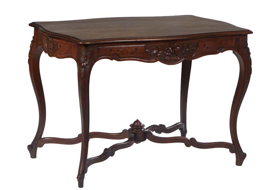 French Louis XV Style Carved Oak Center Table, 20th c., the stepped tortoise top over a floral: French Louis XV Style Carved Oak Center Table, 20th c., the stepped tortoise top over a floral carved skirt with one end drawer, on cabriole legs joined by a scrolled X-form stretcher, H.- 28 3/4 in.,