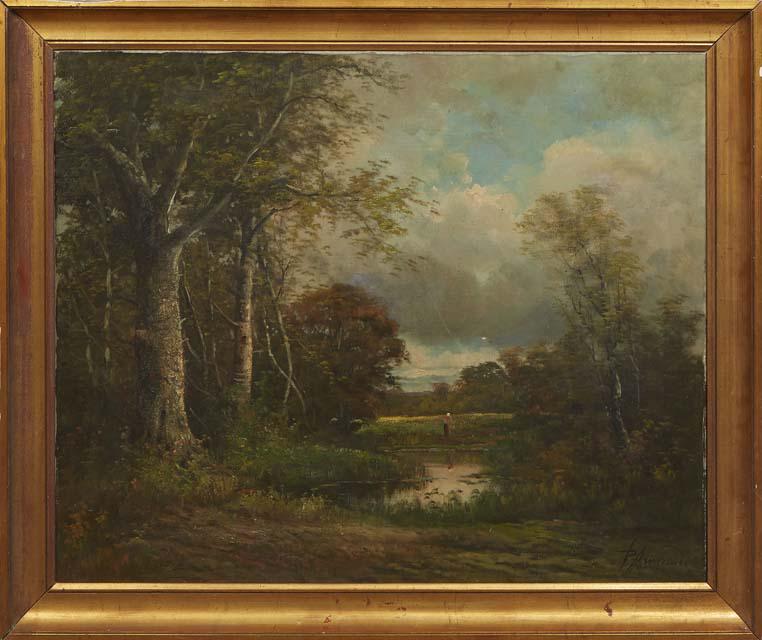 Barbizon School, "Landscape with Figure," 19th c., oil on canvas, signed indistinctly lower right, (1 of 4)