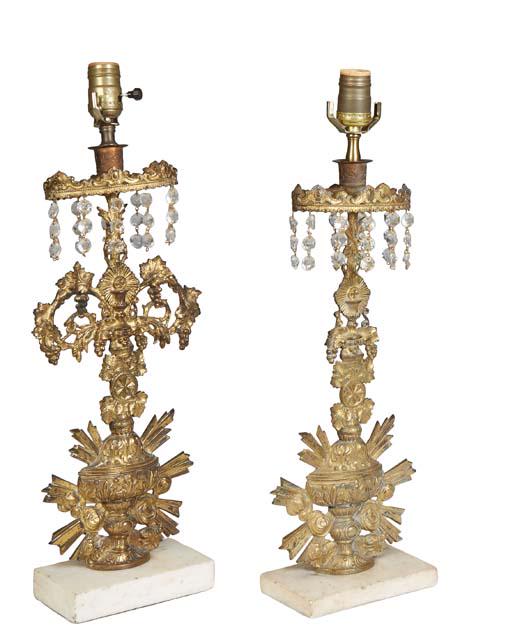 Pair of American Brass and Crystal Prism Hung Girandoles, 19th c., of covered chalice form, on a (1 of 1)