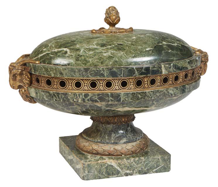 French Verde Antico Marble and Gilt Bronze Centerpiece, early 20th c., of oval form, the top with a (1 of 8)
