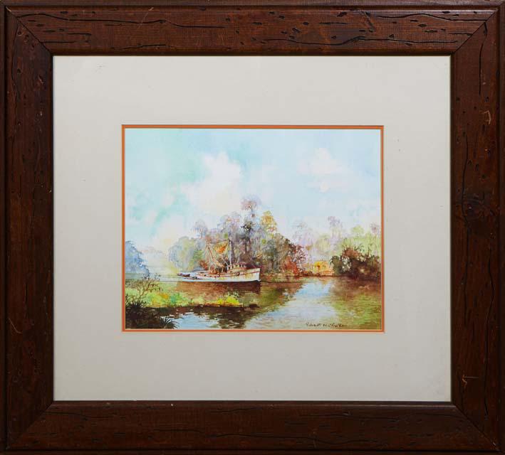 Robert Malcolm Rucker (Louisiana, 1932-2001), "Shrimp Boats on the Bayou," 20th c., watercolor on (1 of 4)