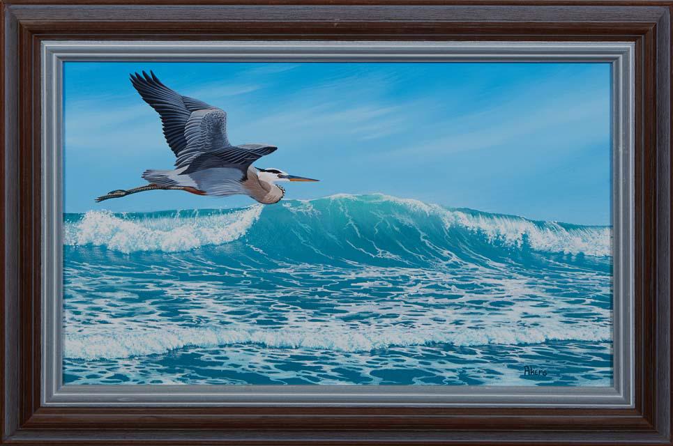 John Akers (Louisiana, 1944-2006), "Blue Heron in Flight," 20th c., oil on board, signed lower: John Akers (Louisiana, 1944-2006), "Blue Heron in Flight," 20th c., oil on board, signed lower right, presented in a wood frame, H.- 11 3/8 in., W.- 18 7/8 in., Framed H.- 16 in., W.- 23 1/2 in.