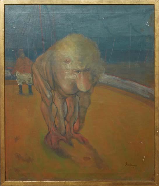 Noel Rockmore (1928-1995, New Orleans), "Baboon," 1954, acrylic on canvas, signed and dated lower: Noel Rockmore (1928-1995, New Orleans), "Baboon," 1954, acrylic on canvas, signed and dated lower right, with E. L. Borenstein Collection paperwork attached en verso, presented in a gilt wood frame, H