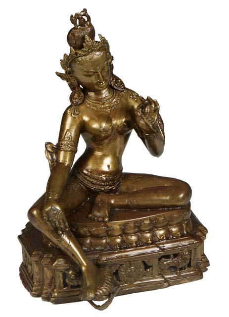 Indian Bronze Figure of the Goddess Saraswati, 20th c., seated on a lotus throne, on a stepped (1 of 3)