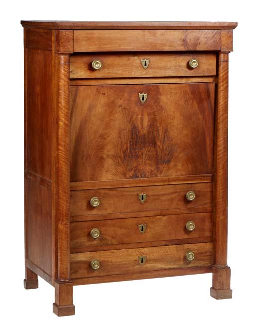 French Empire Style Carved Walnut Secretary Abattant, 19th c., the sloping edge top over a setback (1 of 2)