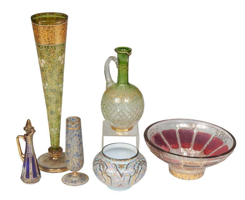 Group of Six Moser or Bohemian Glass Objects, early 20th c., with gilt enameled decoration, (1 of 1)