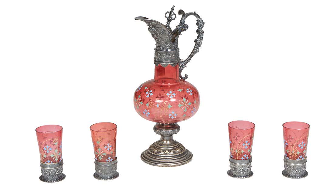 Five Piece Bohemian Enamel Decorated Cranberry Glass Liqueur Set, 19th c., with WMF metal mounts, (1 of 1)