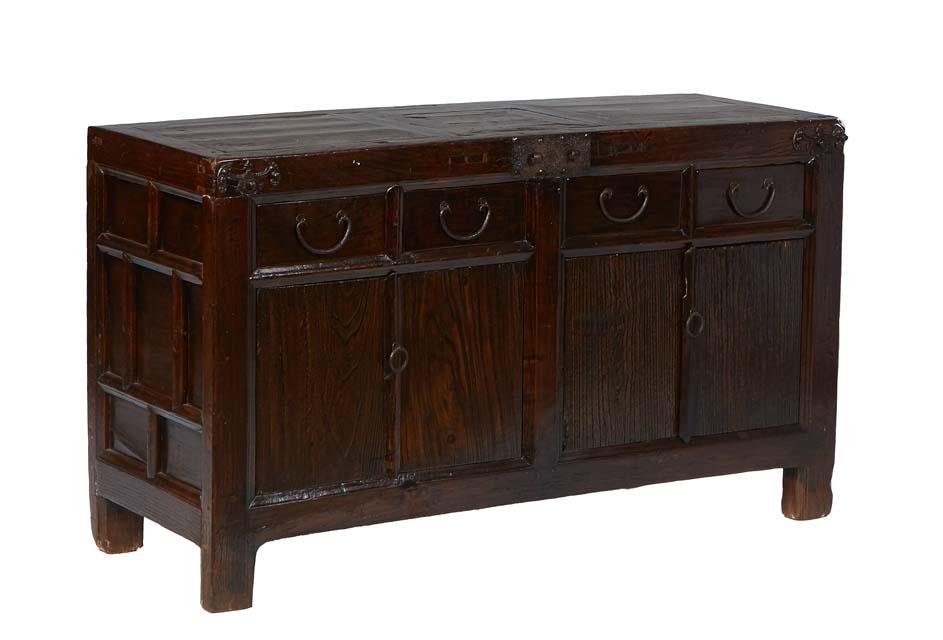 Chinese Carved Elm and Mahogany Sideboard, 20th c., the parquetry top over iron corner braces, above (1 of 1)