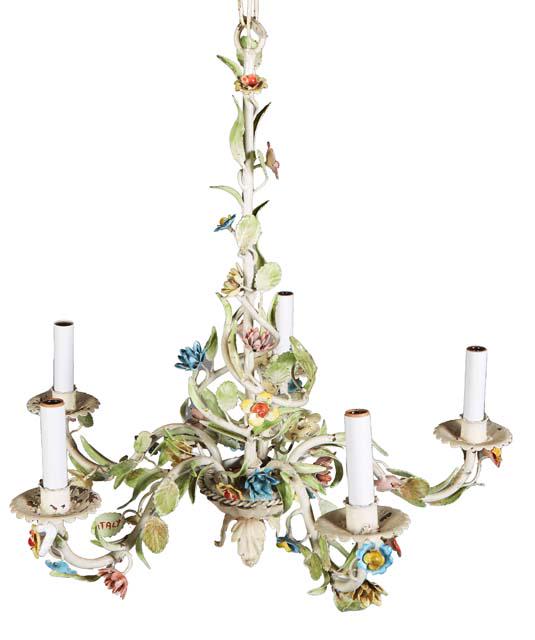 Italian Polychromed Iron Five Light Floral Chandelier, 20th c., the bottom open bowl issuing five (1 of 1)