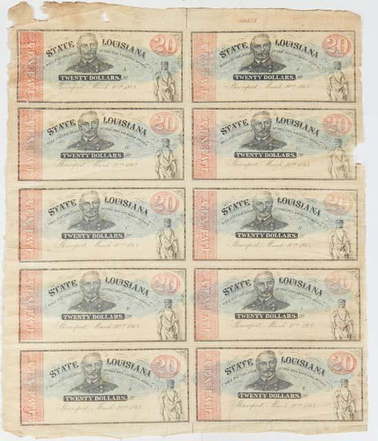 Uncut Sheet of Ten State of Louisiana $20 Bills. March 10, 1863, unframed, H.- 16 in., W.- 13 1/2 (1 of 2)