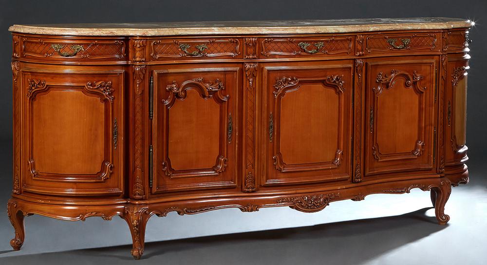French Louis XV Style Carved Cherry Marble Top Sideboard, 20th c., the thick rounded edge highly (1 of 1)