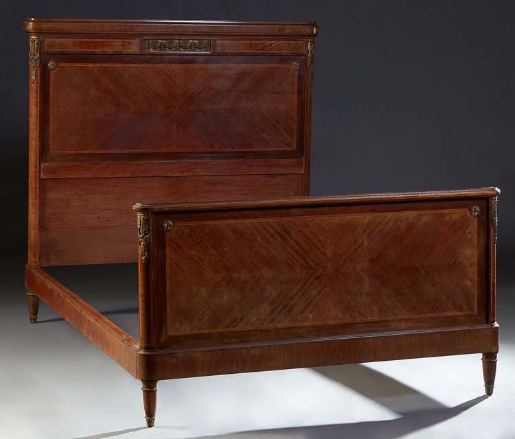 French Louis XVI Style Inlaid Mahogany Ormolu Mounted Double Bed, early 20th c., the crotched ormolu (1 of 1)