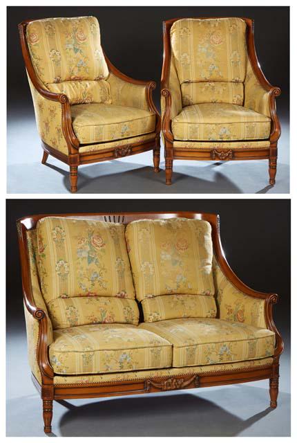 French Three Piece Louis XVI Style Ormolu Mounted Carved Cherry Parlor Suite, 20th c., consisting of (1 of 3)