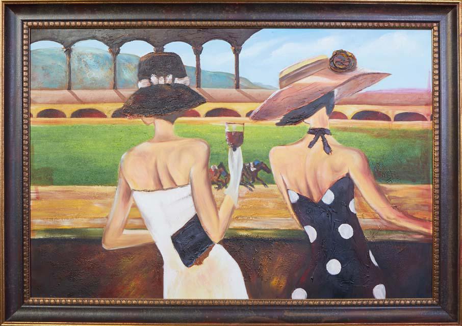 Chinese School, "Watching the Horse Races," 20th c., oil on canvas, unsigned, presented in a (1 of 3)