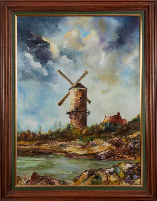 Joel Vidard (French), "Le Moulin," 1983, oil on canvas, signed lower left, with an artist: Joel Vidard (French), "Le Moulin," 1983, oil on canvas, signed lower left, with an artist certificate of authenticity attached en verso, titled en verso, and exposition history attached on stretcher e