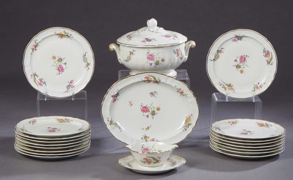Twenty Piece Partial Limoges Porcelain Dinnerware Set, 20th c., by L. Bernardaud & Cie., with gilt: Twenty Piece Partial Limoges Porcelain Dinnerware Set, 20th c., by L. Bernardaud & Cie., with gilt rims and floral decoration, consisting of 17 dinner plates, a saucier on integral flat, an oval platt